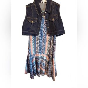 Honey and Rosie Blue and Pink Kids Dress with Denim Vest